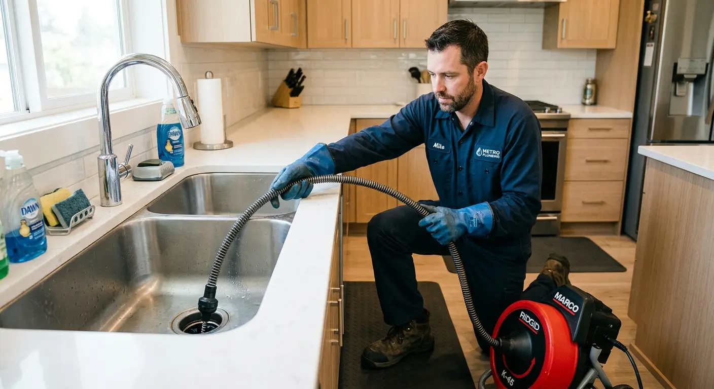 Drain cleaning technician using a motorized snake on a kitchen sink in Clyde