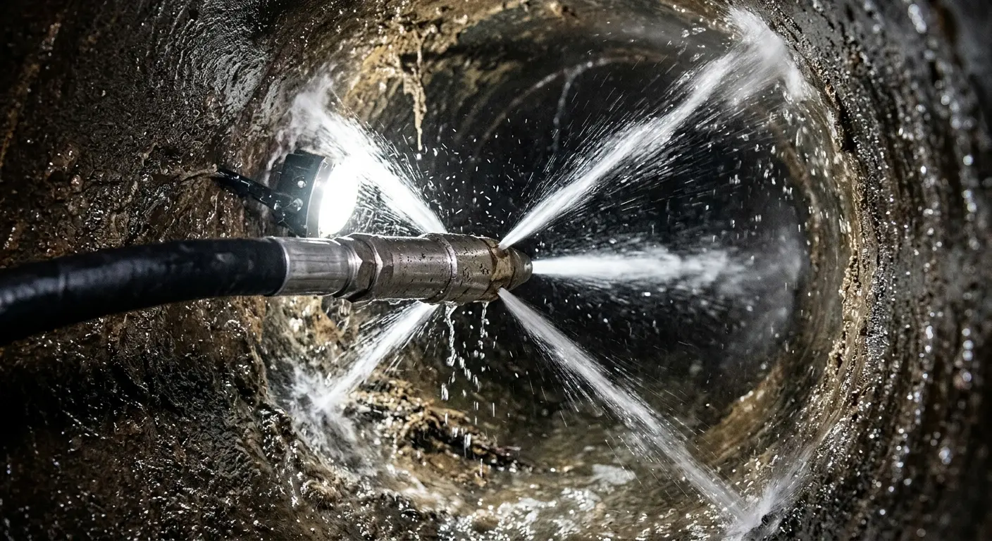 High-pressure hydro jetting nozzle cleaning sewer pipe for Sewer Cleanout in Clyde