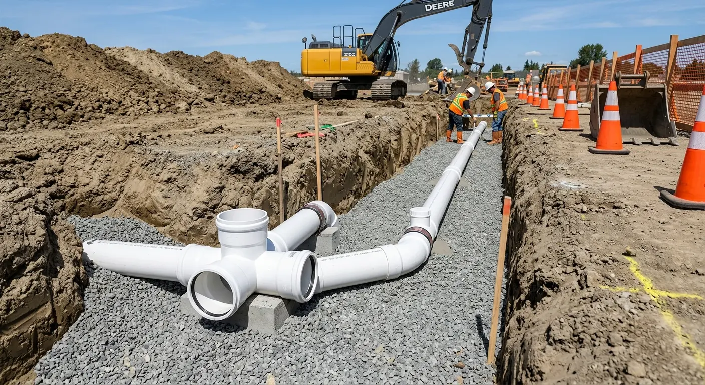 New PVC sewer pipe installation in open trench for Commercial Drain Cleaning in Clyde