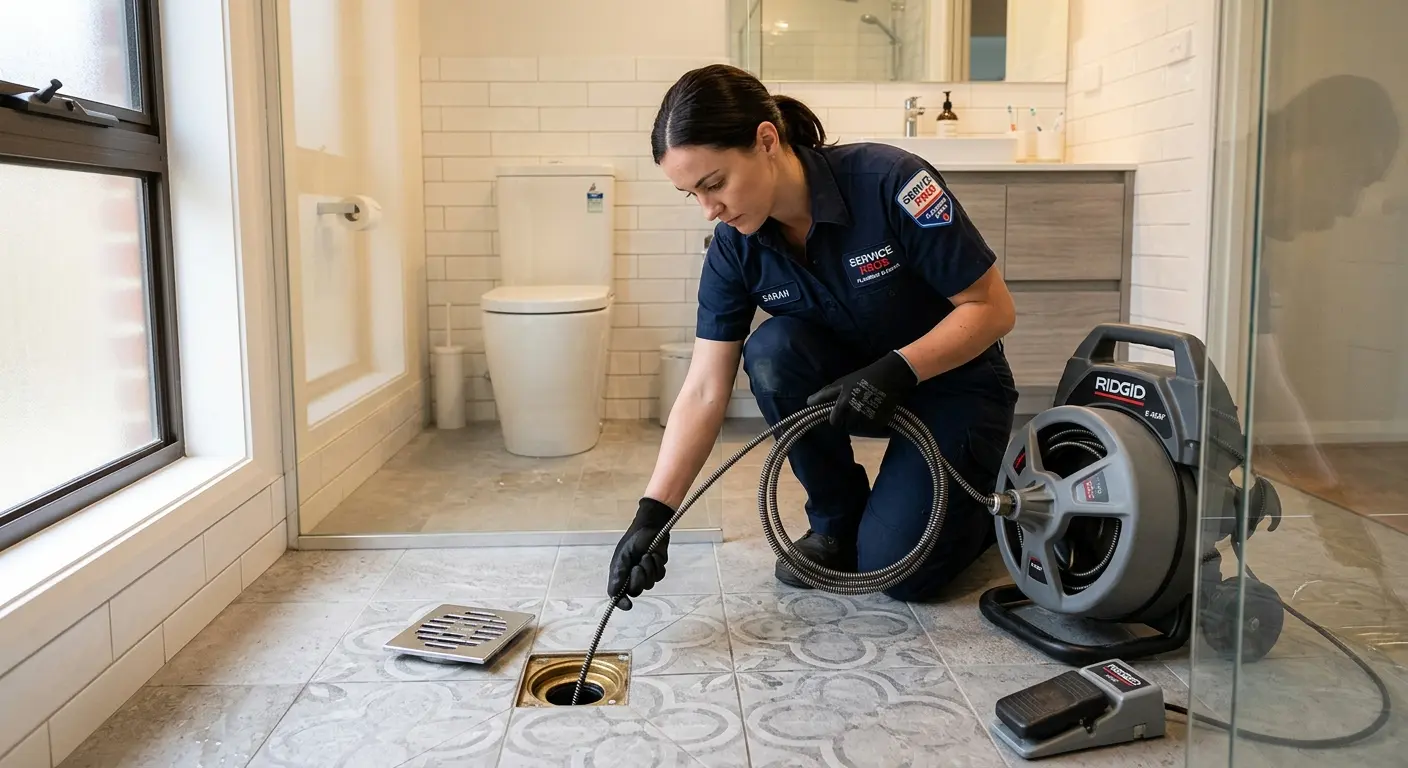 Technician clearing a bathroom floor drain for Drain Cleaning in Clyde